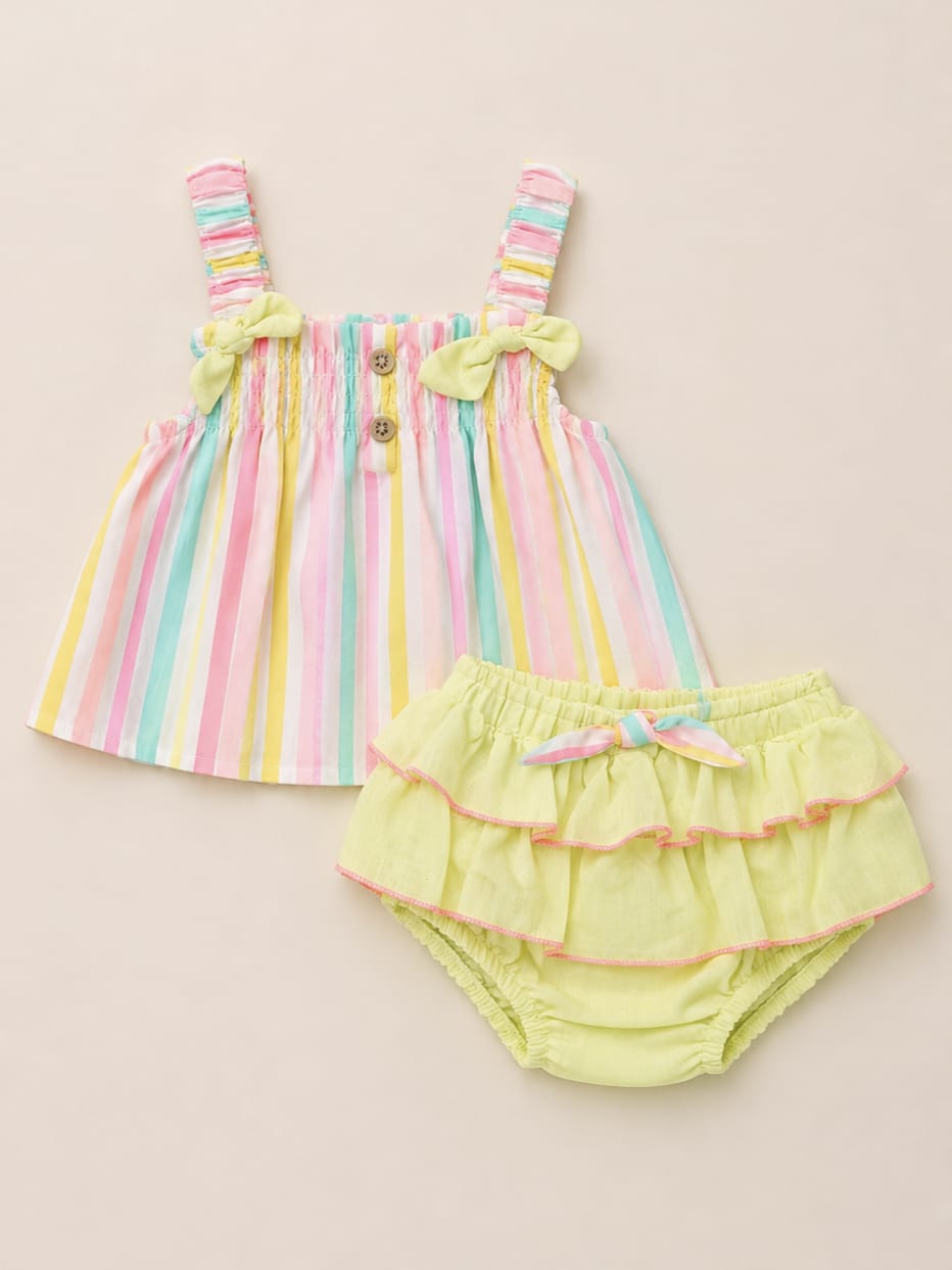 T0330 Çizgili Coton Kız Bebek 2'li Takım