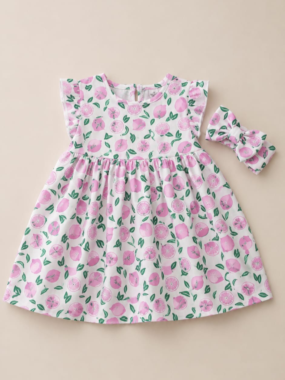 T0319 Limon Desen Bandanalı Coton Elbise