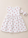 T0320 Kiraz Desen Bandanalı Coton Elbise