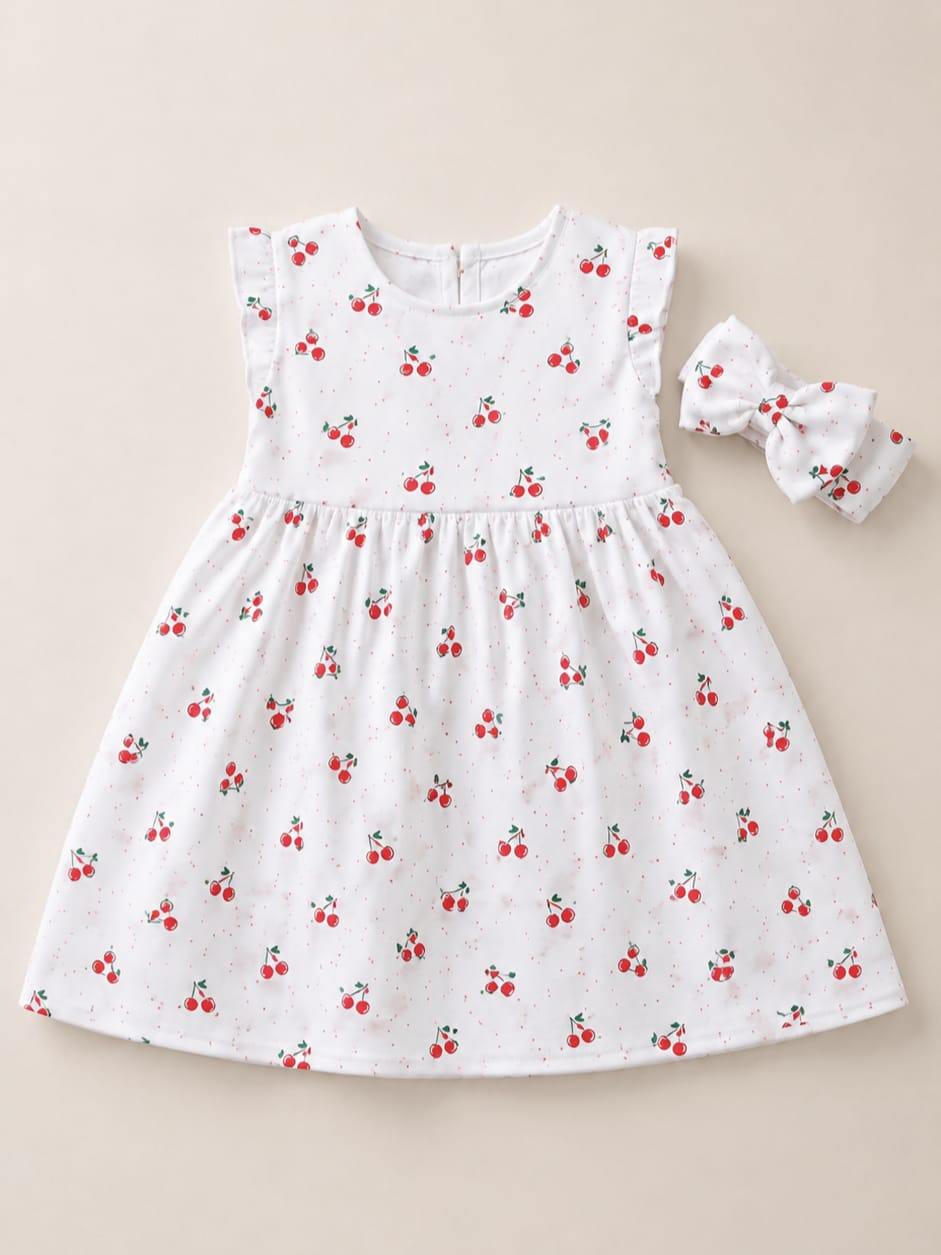T0320 Kiraz Desen Bandanalı Coton Elbise