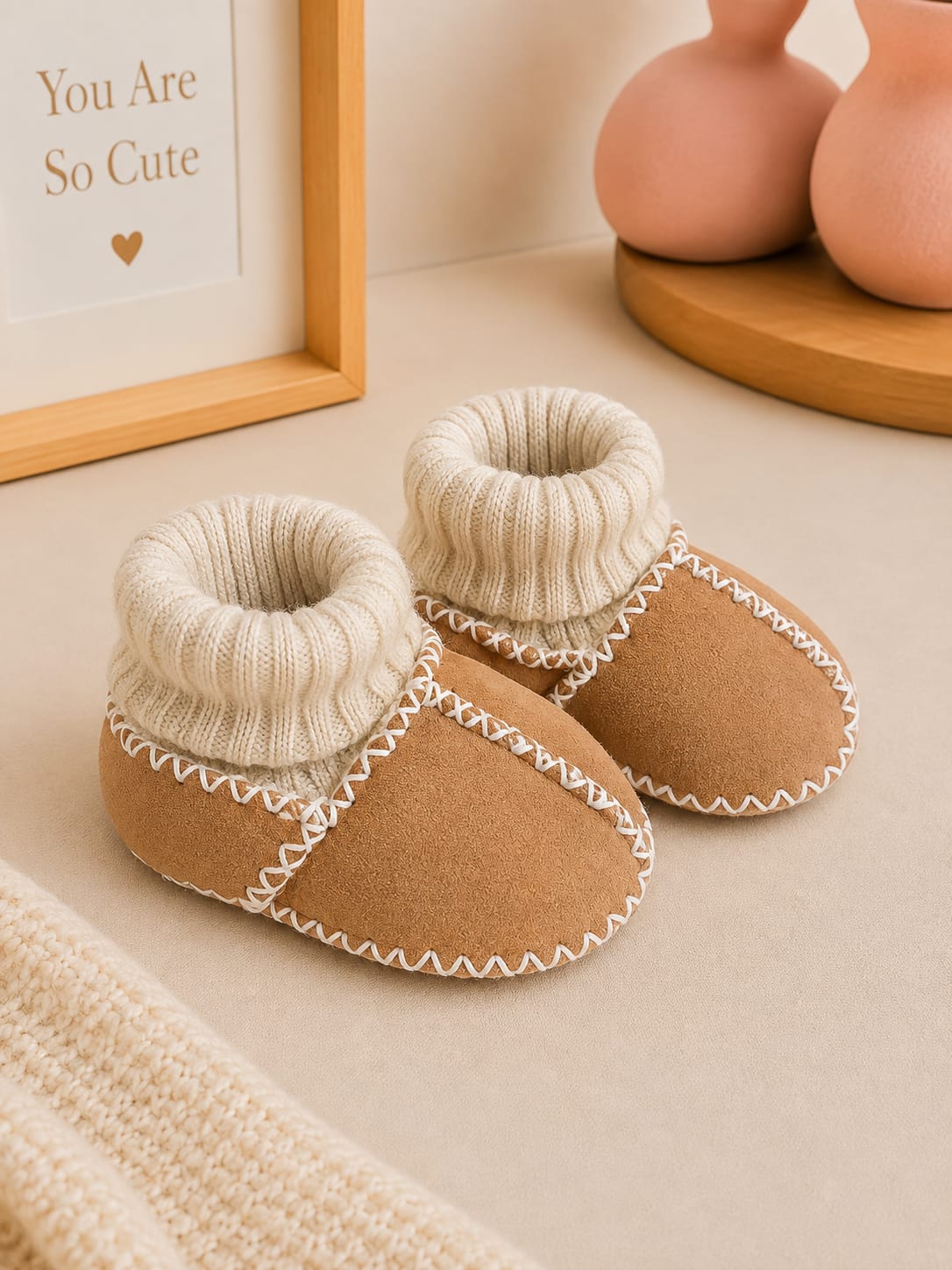 6045 Kürklü Çoraplı Bebe Patik - Kiremit