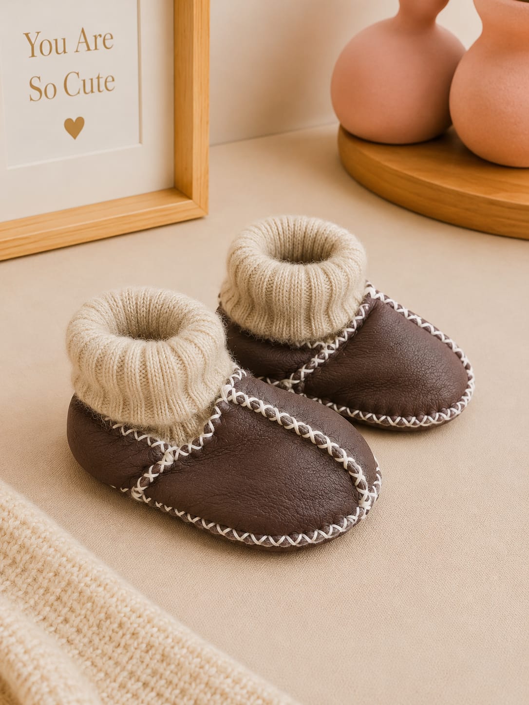 6045 Kürklü Çoraplı Bebe Patik - Kahve
