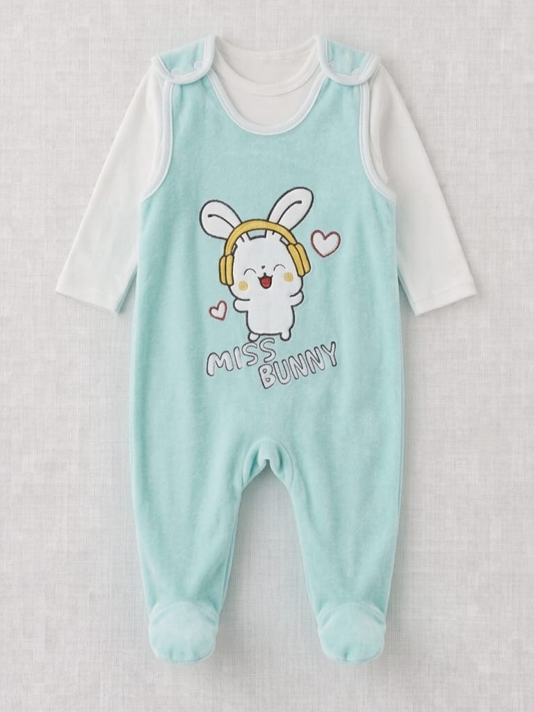 8156 Kulaklı Tavşan Body'li Kadife Tulum  - Mint Yeşil