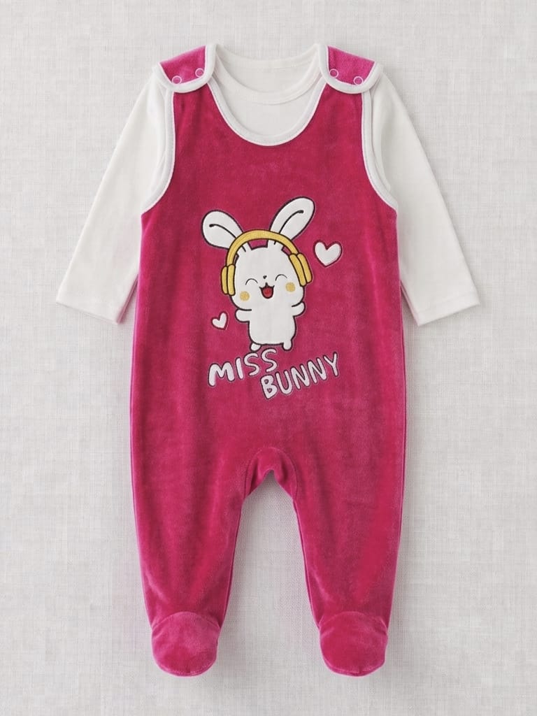 8156 Kulaklı Tavşan Body'li Kadife Tulum  - Fuşya