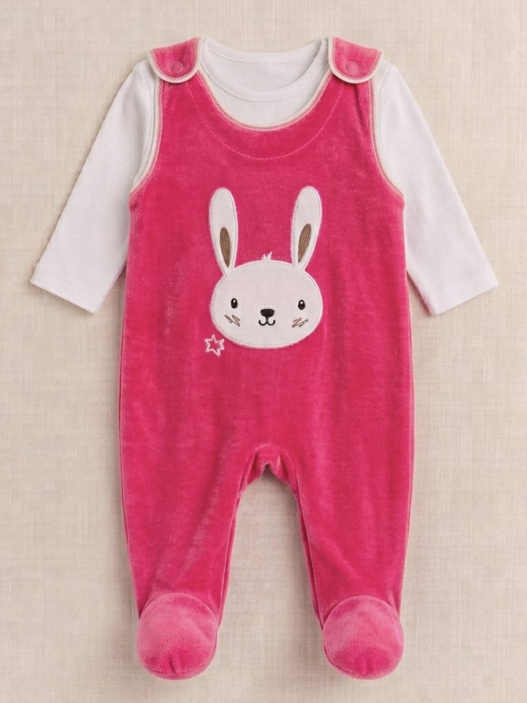 8156 Tavşan Baskılı Body'li Salopet Tulum - Pembe