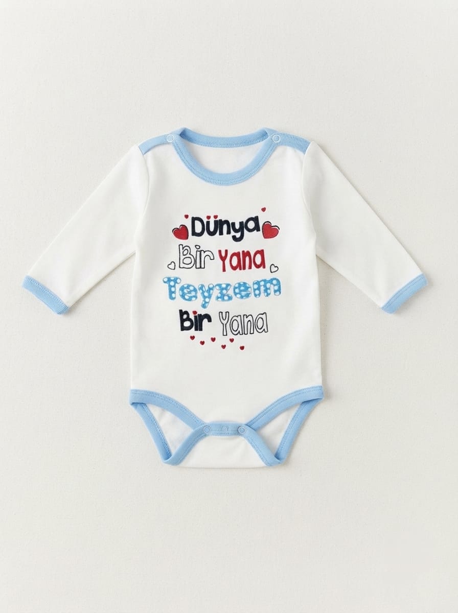 2588 Benim Teyzem Yazılı Uzun Kol Çıtçıtlı Body - Mavi