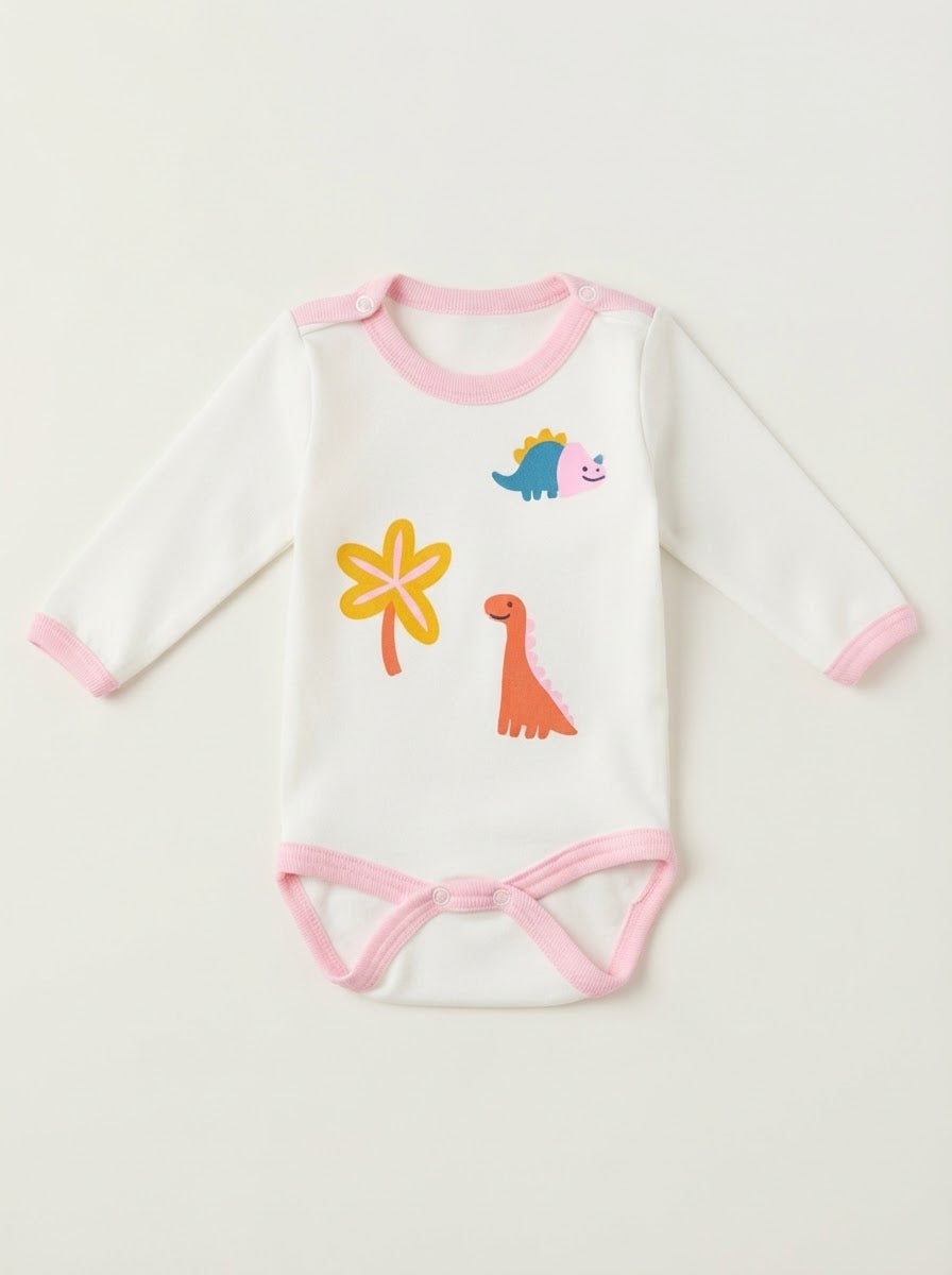 2592 Dino Baskılı Uzun Kol Çıtçıtlı Body - Pembe