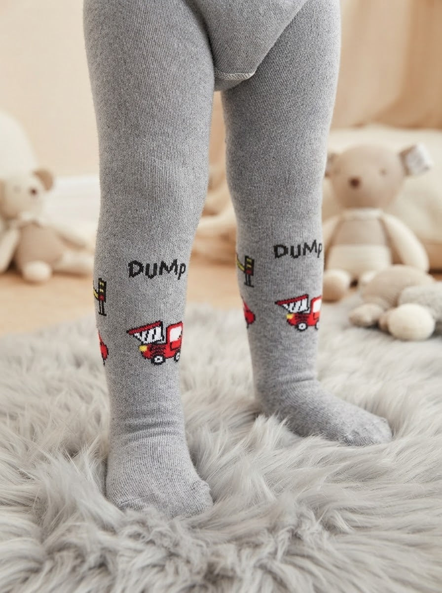 3307 Erkek Bebe Araba Desen Havlu Külotlu Çorap - Gri