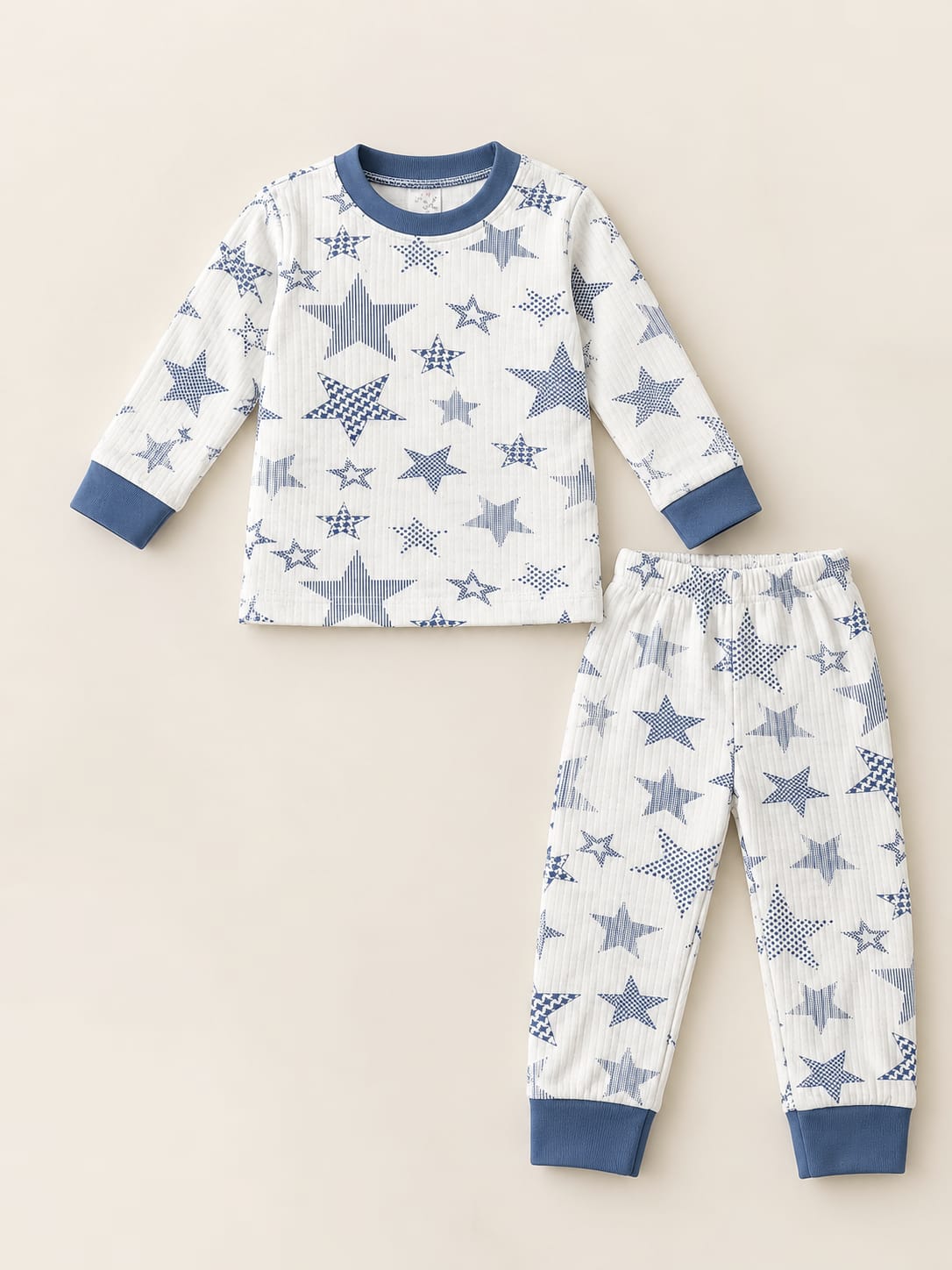 1013 Yıldız Desen Raporlu Penye Pijama Takımı - Mavi