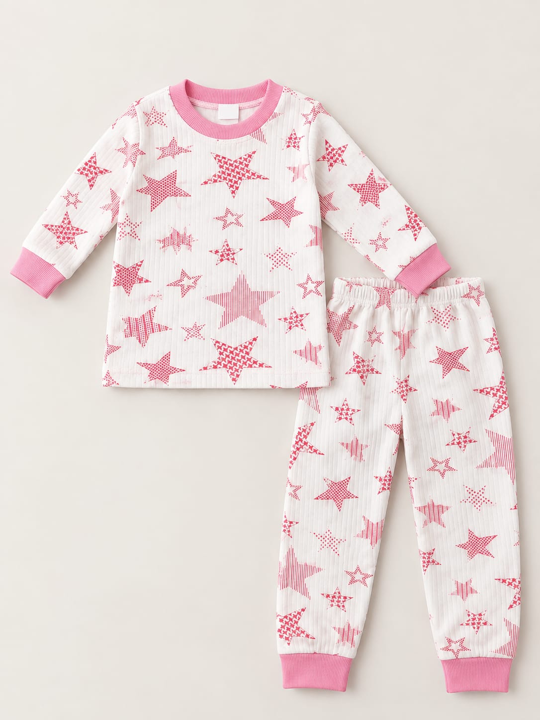 1013 Yıldız Desen Raporlu Penye Pijama Takımı - Pembe