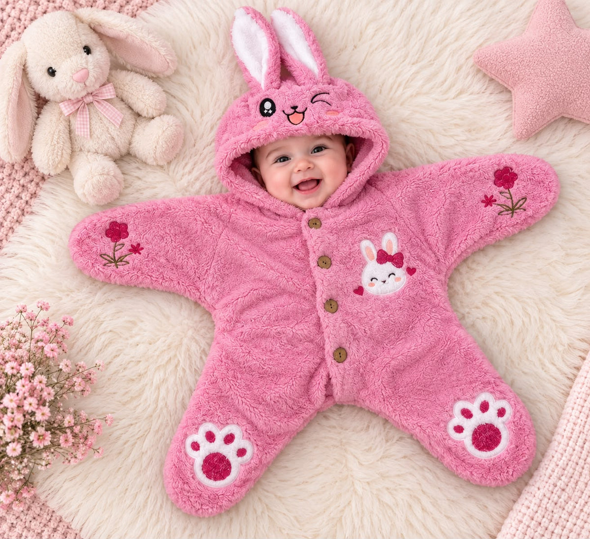 8139 Yıldız Nakışlı Kuzu Welsoft Kundak - Pembe