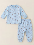 1017 Mini Desen Önden Çıtçıtlı Pijama Takımı - Mavi