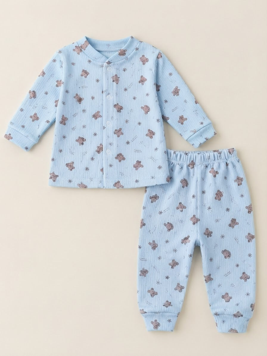 1017 Mini Desen Önden Çıtçıtlı Pijama Takımı - Mavi