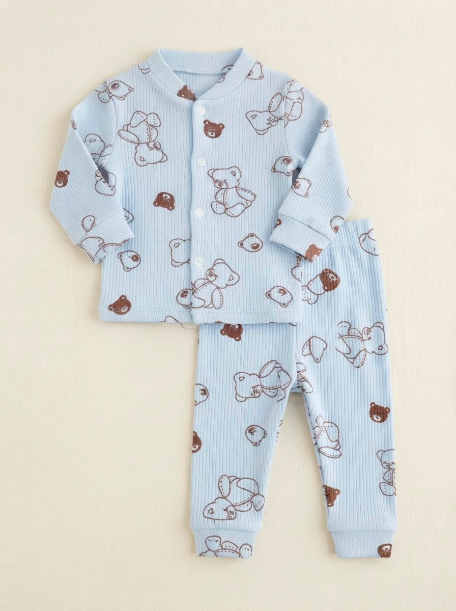 1016 Sevimli Ayıcık Önden Çıtçıtlı Penye Pijama Takımı - Mavi