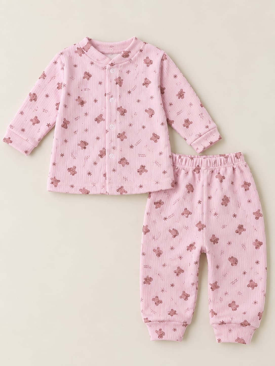 1017 Mini Desen Önden Çıtçıtlı Pijama Takımı - Pembe