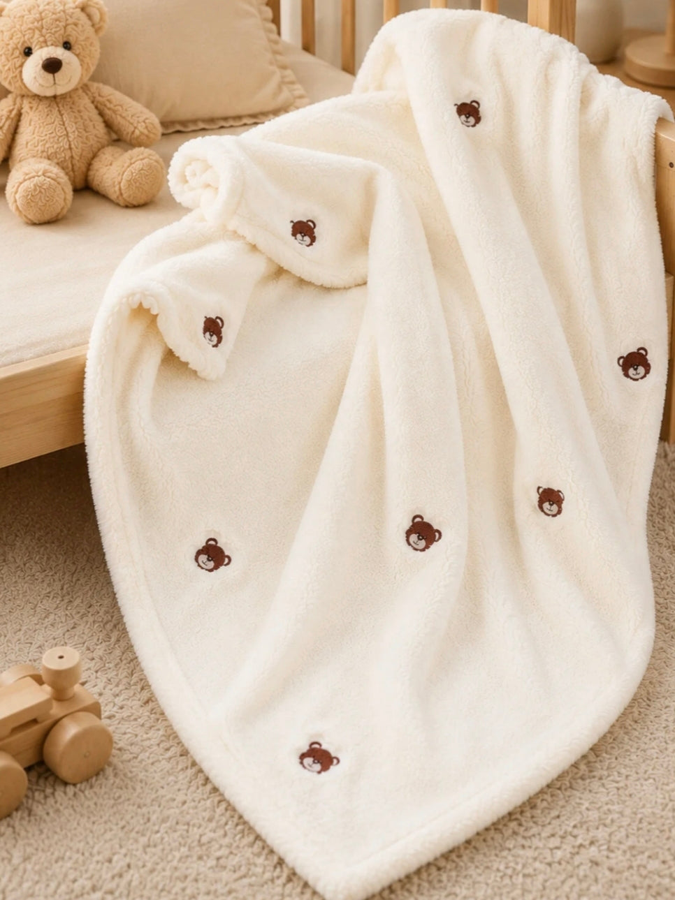 0276 Ayıcık Nakışlı Yumuşacık Peluş Bebe Battaniye