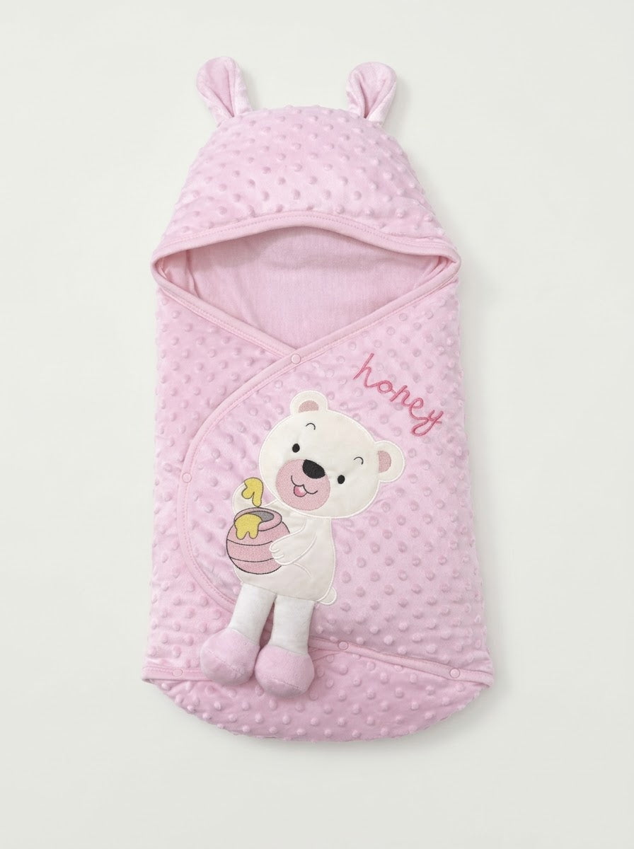 7130 Ballı Ayıcık Kulak Detaylı Nohut Bebe Kundak - Pembe