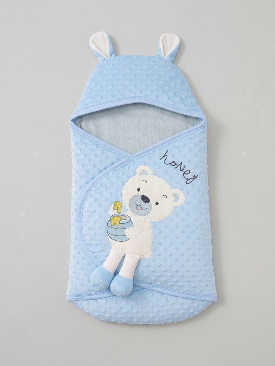 7130 Ballı Ayıcık Kulak Detaylı Nohut Bebe Kundak - Mavi