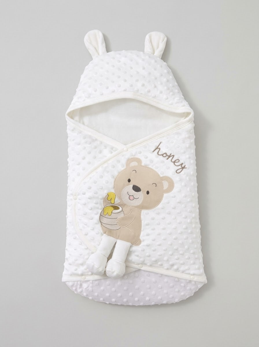 7130 Ballı Ayıcık Kulak Detaylı Nohut Bebe Kundak - Ekru