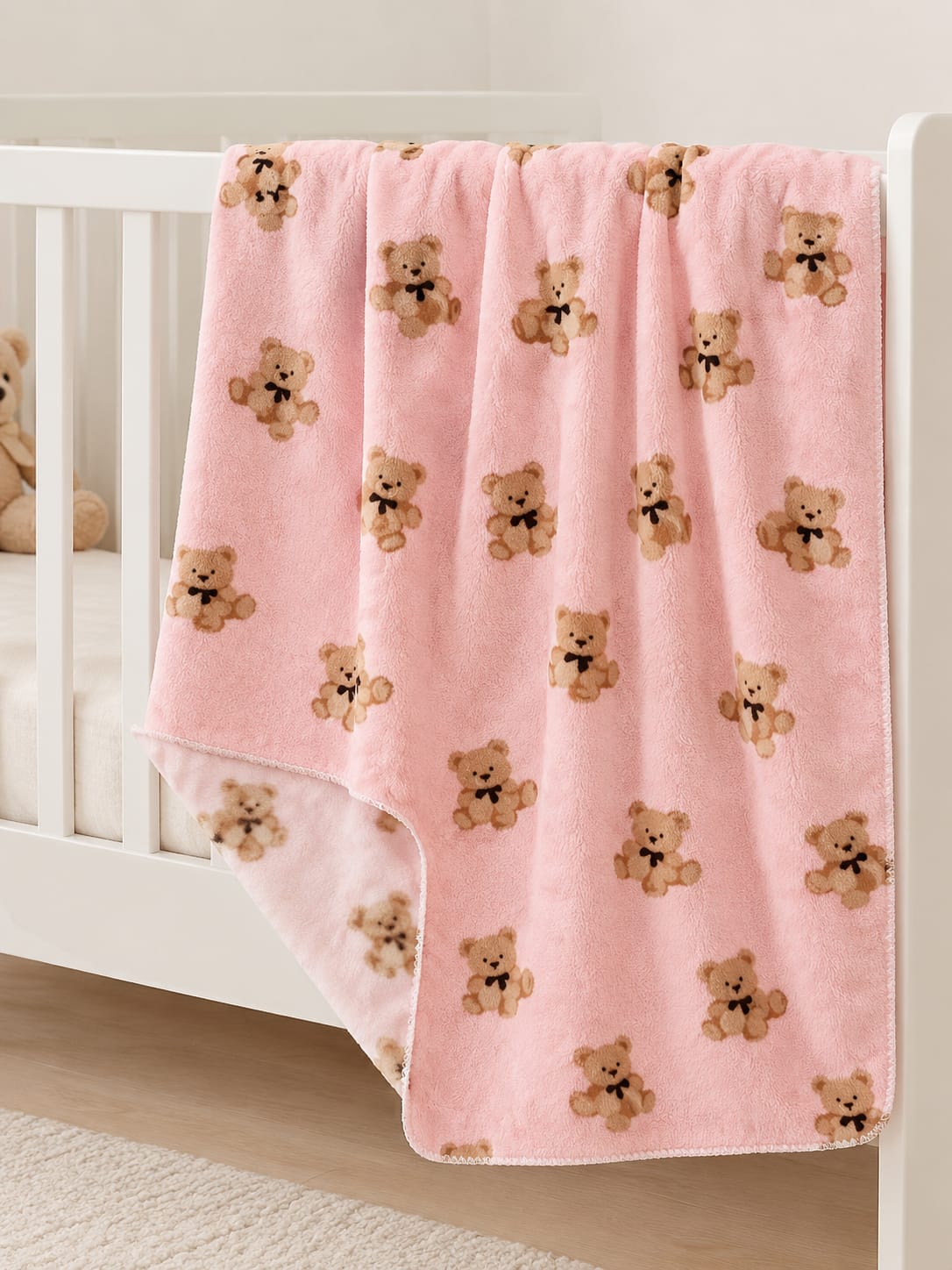 0279 Bebitof Ayıcık Desenli Peluş Welsoft Battaniye - Pembe