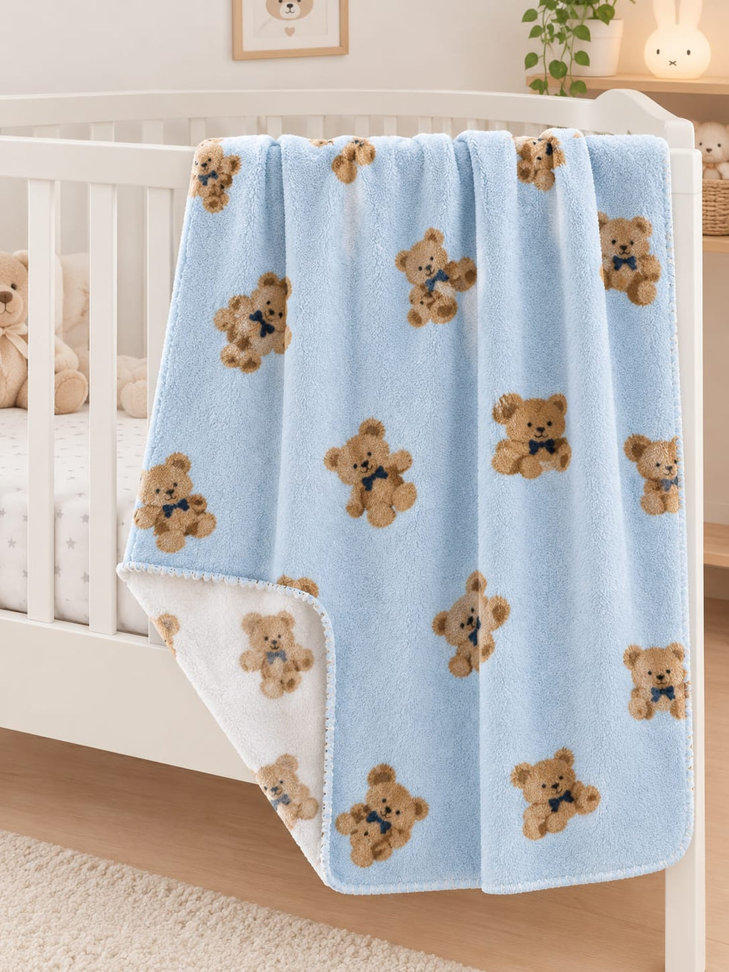 0279 Bebitof Ayıcık Desenli Peluş Welsoft Battaniye - Mavi