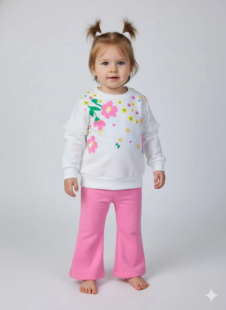 1921 ÇİÇEKLİ KOL DANTEL DETAYLI ISPANYOL PAÇA TAKIM - Pembe / 6-9 Ay