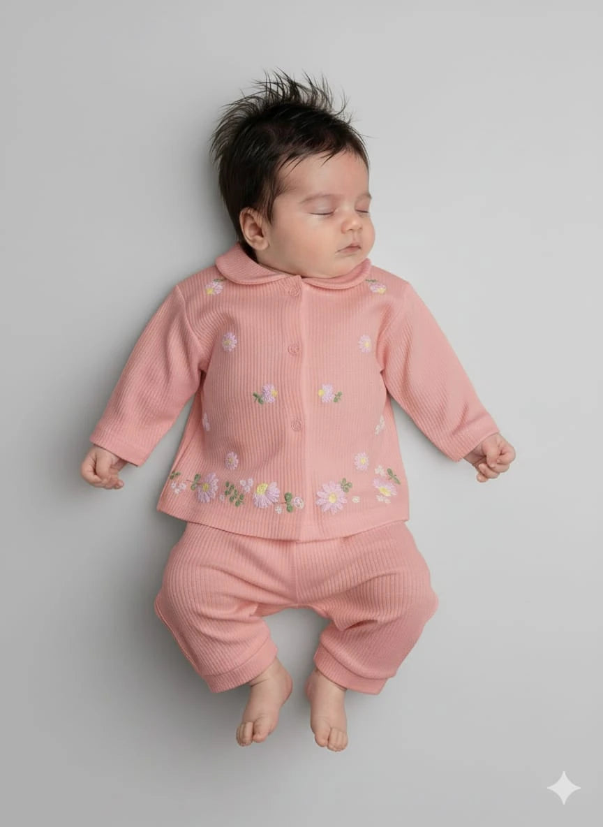 1927 BEBE YAKA PAPATYA DESEN ÖNDEN ÇITÇITLI TAKIM  - Kırmızı / 3-6 Ay