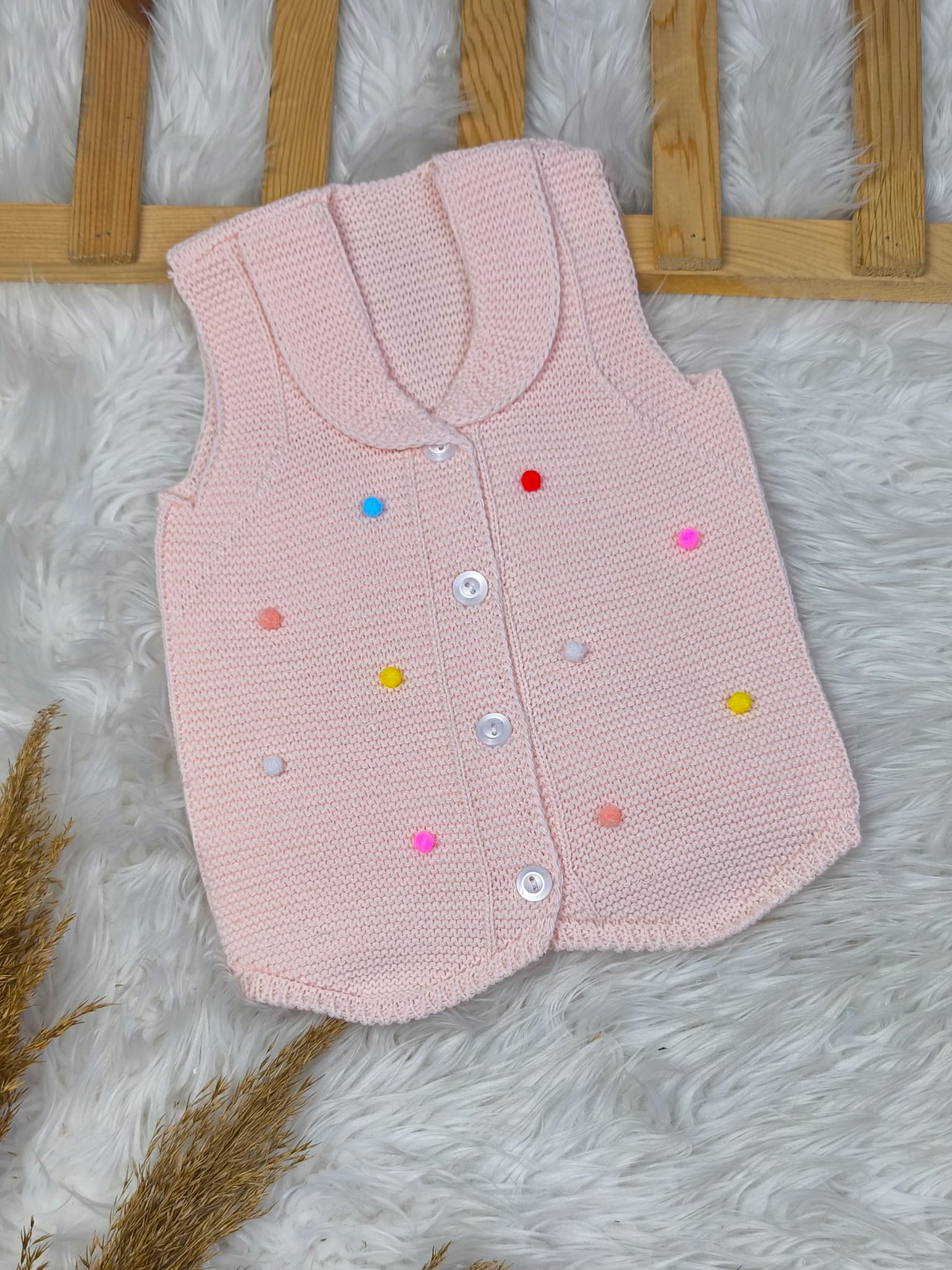 2574 PONPONLU TRİKO YELEK  - Fuşya / 4 Yaş