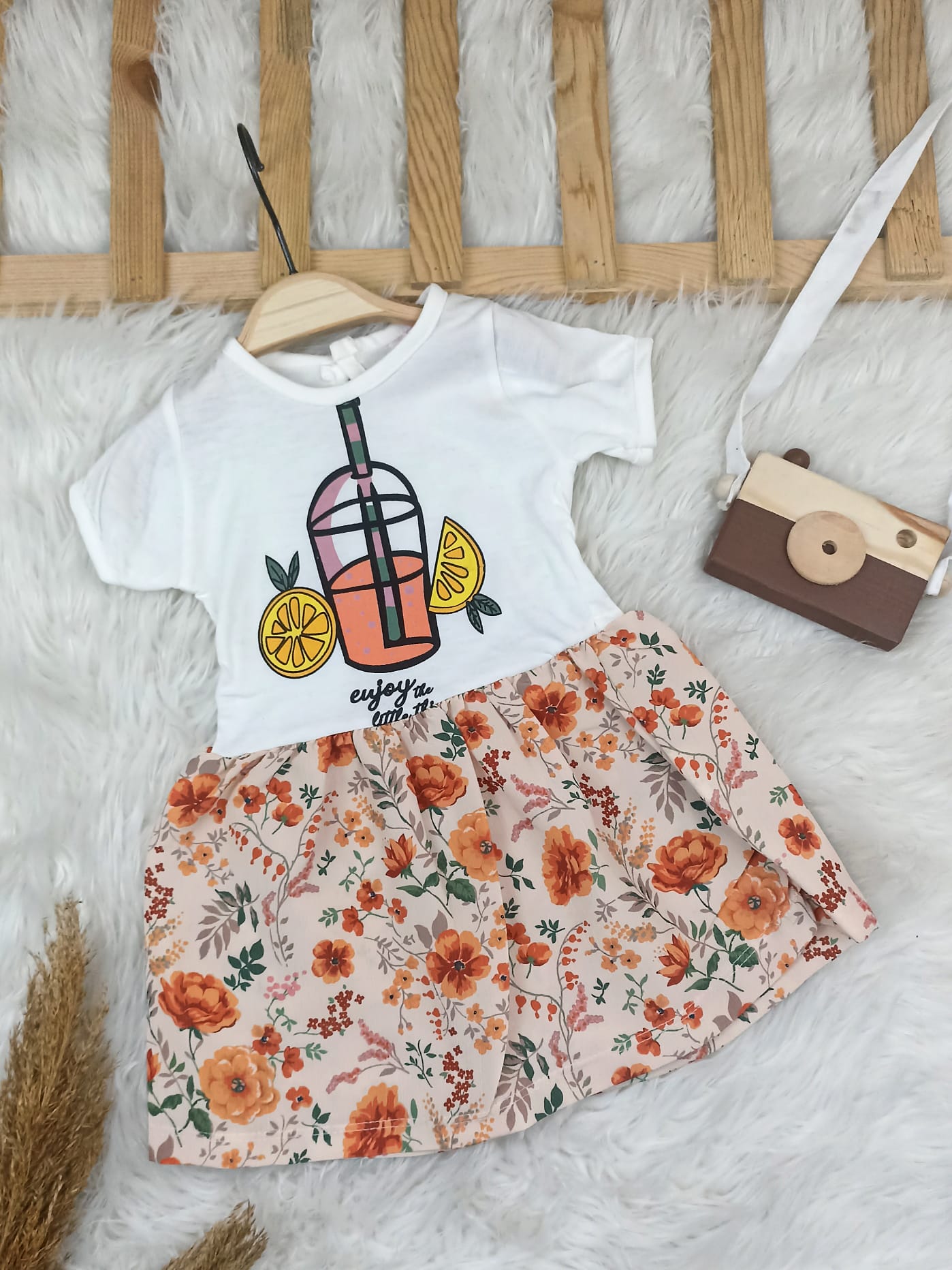 4449 İÇECEK - ÇİÇEK DESEN PENYE ELBİSE  - Turuncu / 9-12 Ay