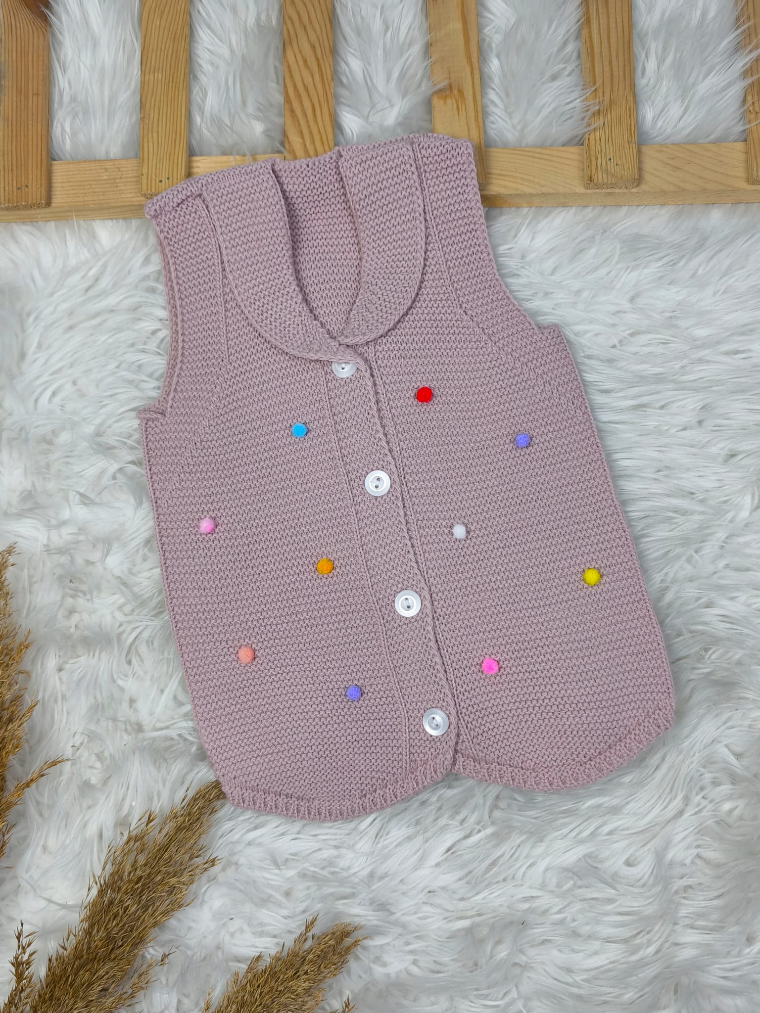 2574 PONPONLU TRİKO YELEK  - Ekru / 1 Yaş