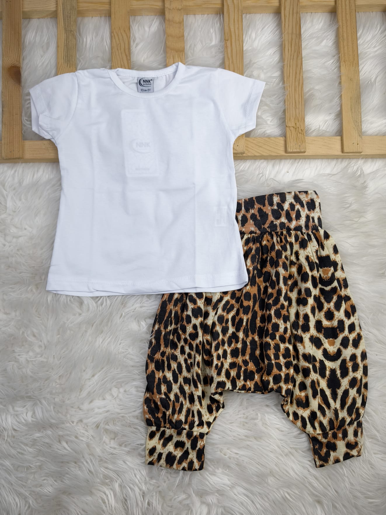 10388 LEOPAR DESEN ŞALVAR TAKIM  - Beyaz / 2 Yaş