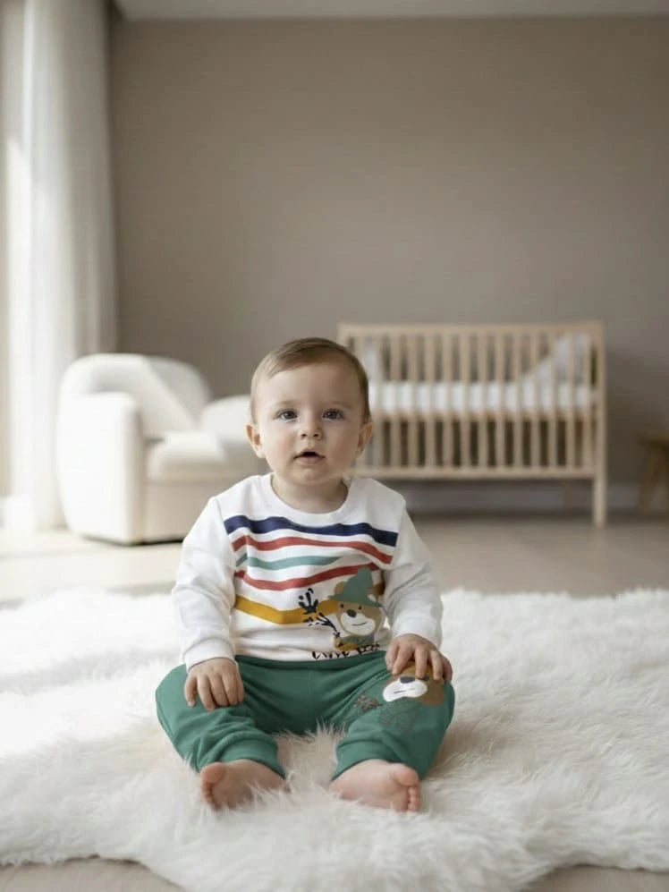 1949 CUTE BEAR ÇİZGİLİ MEVSİMLİK TAKIM  - Yeşil / 6-9 Ay