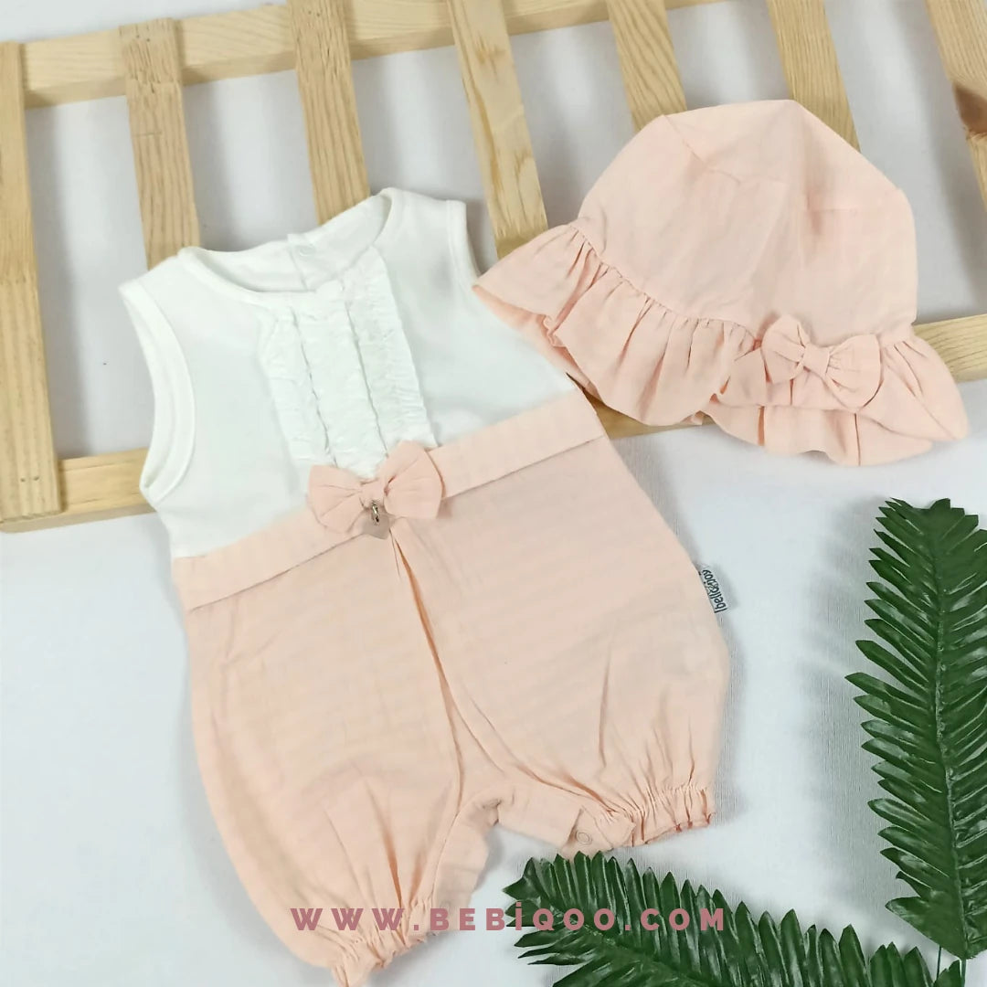 TLM-1963 Fırfırlı Fiyonklu Şapkalı Tulum  - Pembe / 3-6