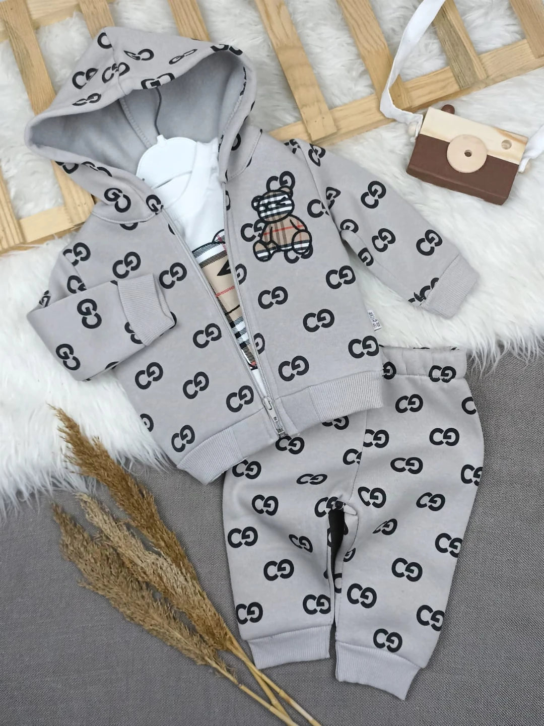 TKM-1515 GUCCİ 3 İP ŞARDONLU KAPŞONLU HIRKALI KIŞLIK TAKIM - Gri / 6-9 Ay