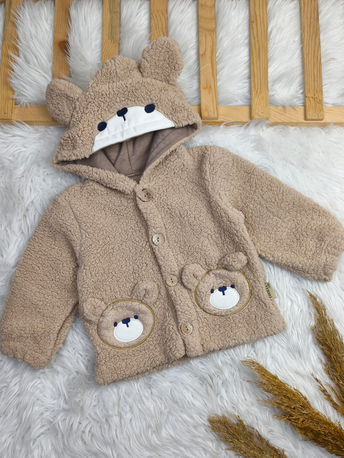 2589 AYICIK KULAKLI KAPŞONLU CEP DETAY KUZU WELSOFT MONT  - Ekru / 3 Yaş