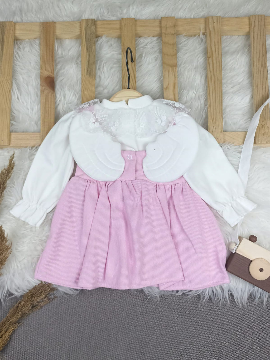 9520 MELEK KANATLI YAKA DANTEL DETAYLI ELBİSE  - Pembe / 9-12 Ay