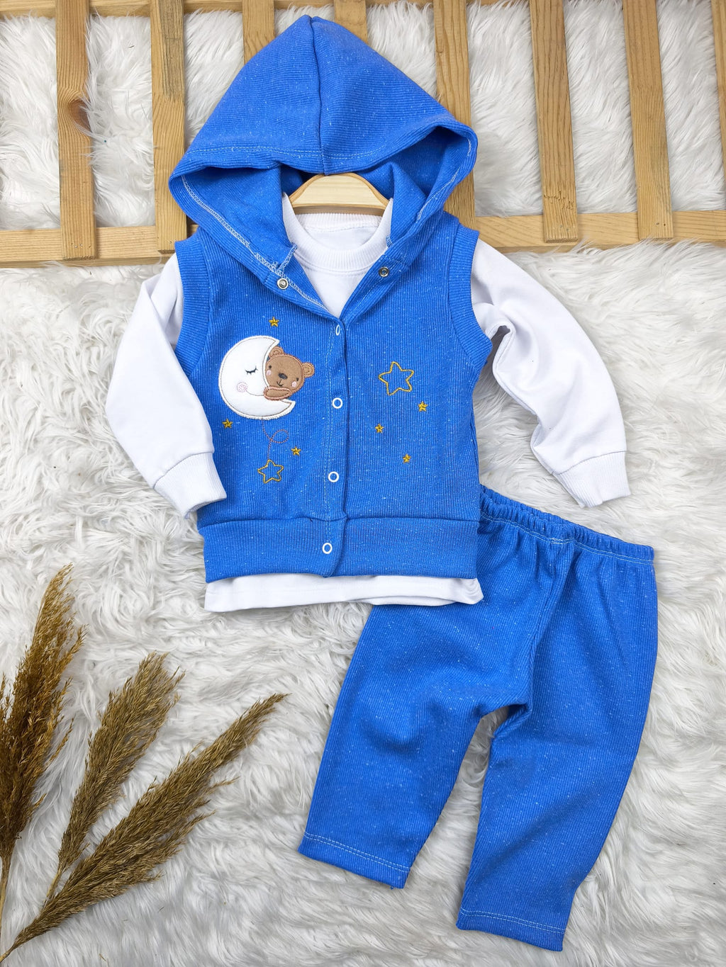 1943 RİBANA KAŞKORSE NAKIŞLI KAPŞONLU YELEKLİ TAKIM  - Saks mavi / 18-24 Ay
