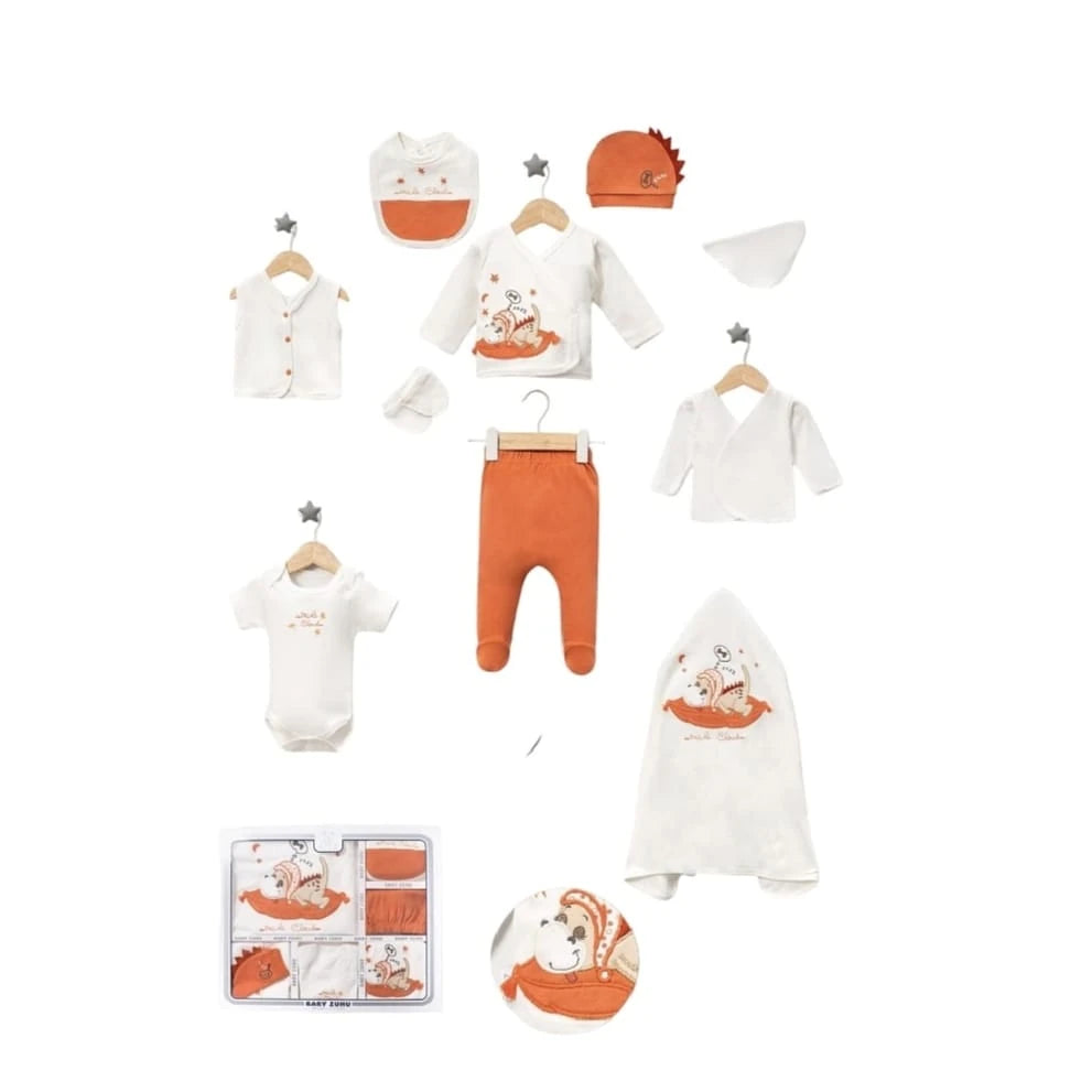 421719 DİNO NAKIŞLI 10'LU HASTANE ÇIKIŞI SETİ - Kiremit / 0-3 Ay