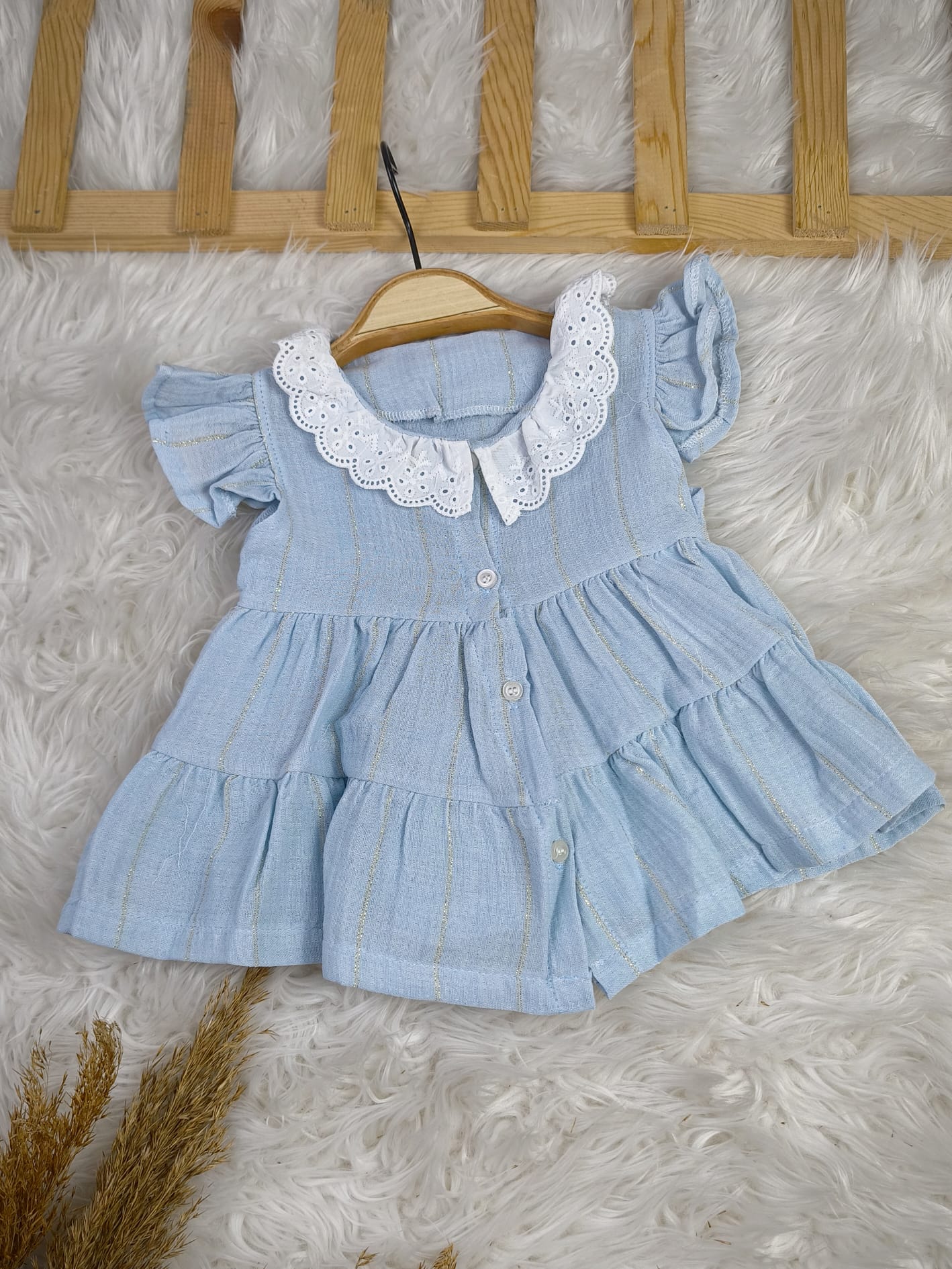 2319 SİMLİ ÇİZGİLİ MÜSLİN ELBİSE   - Mavi / 9