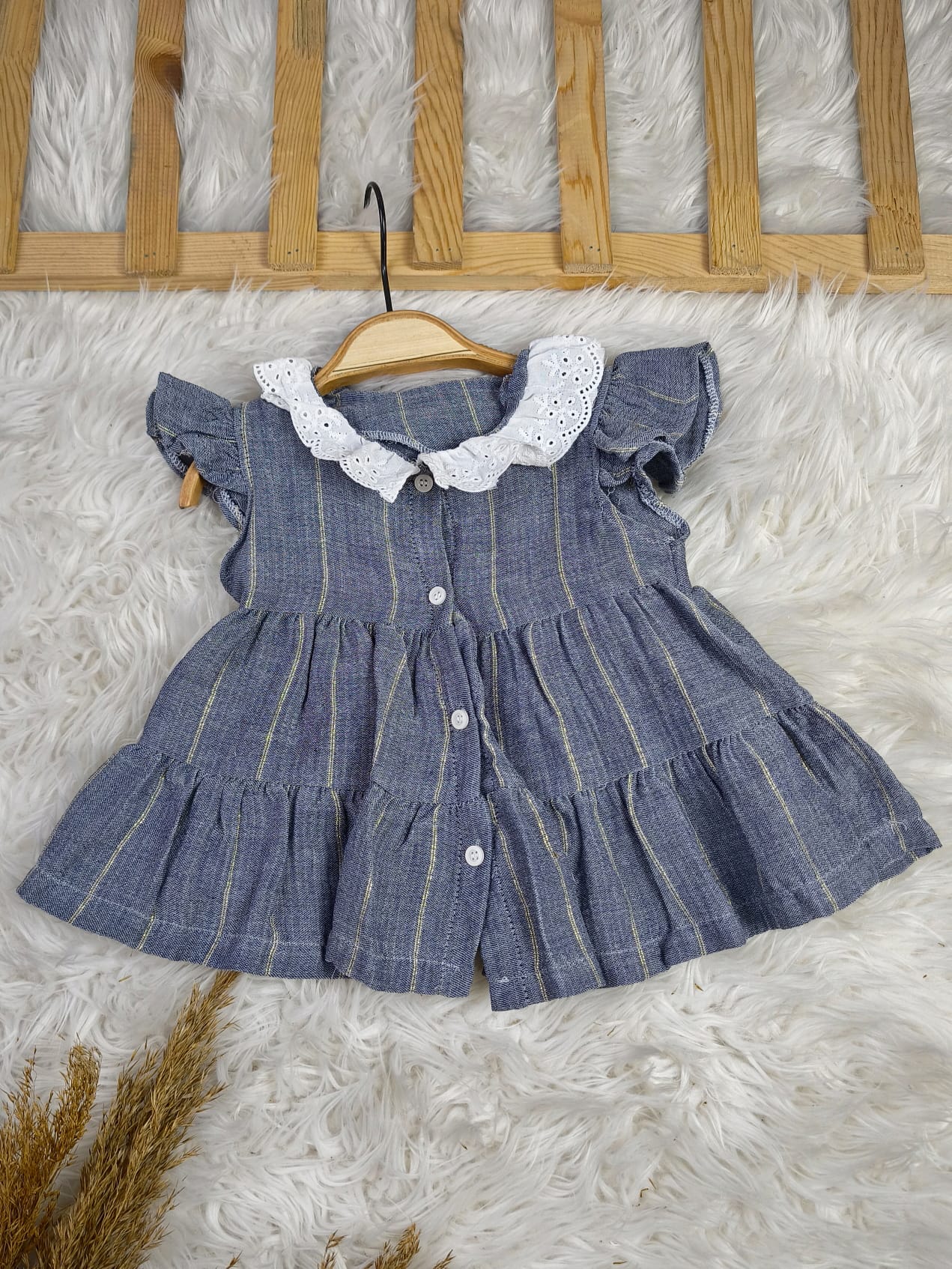 2319 SİMLİ ÇİZGİLİ MÜSLİN ELBİSE   - Mavi / 18