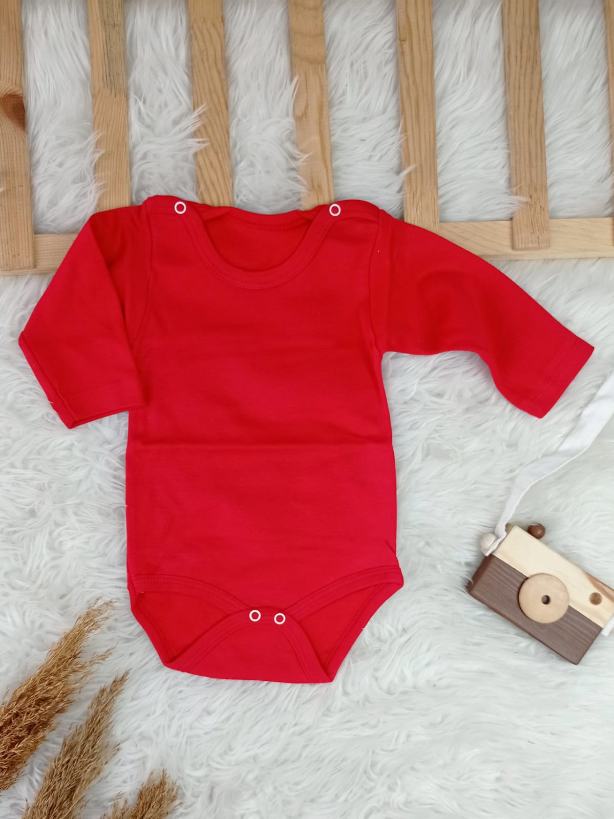 2563 UZUN KOL DÜZ RENK ÇITÇITLI BODY  - Kırmızı / 3-6 Ay