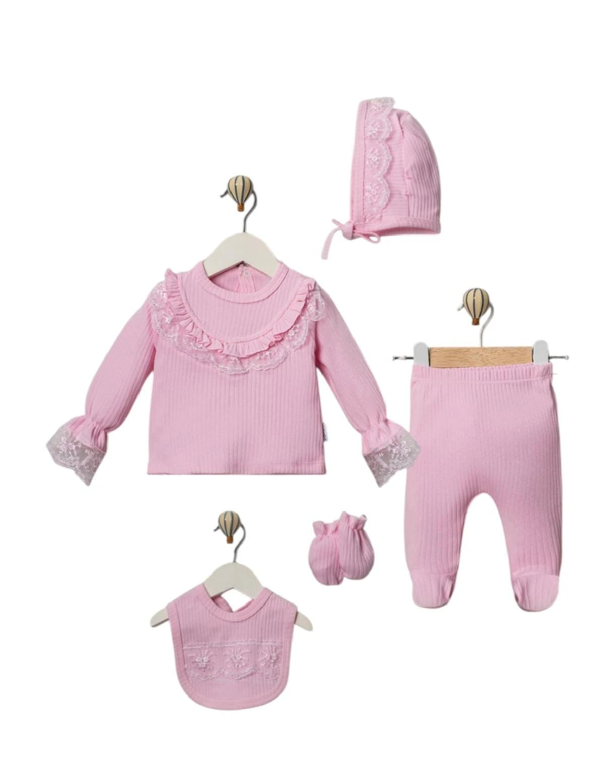 437227 DANTELLİ PENYE RAPORLU KUMAŞ 5'Lİ HASTANE ÇIKIŞI SETİ