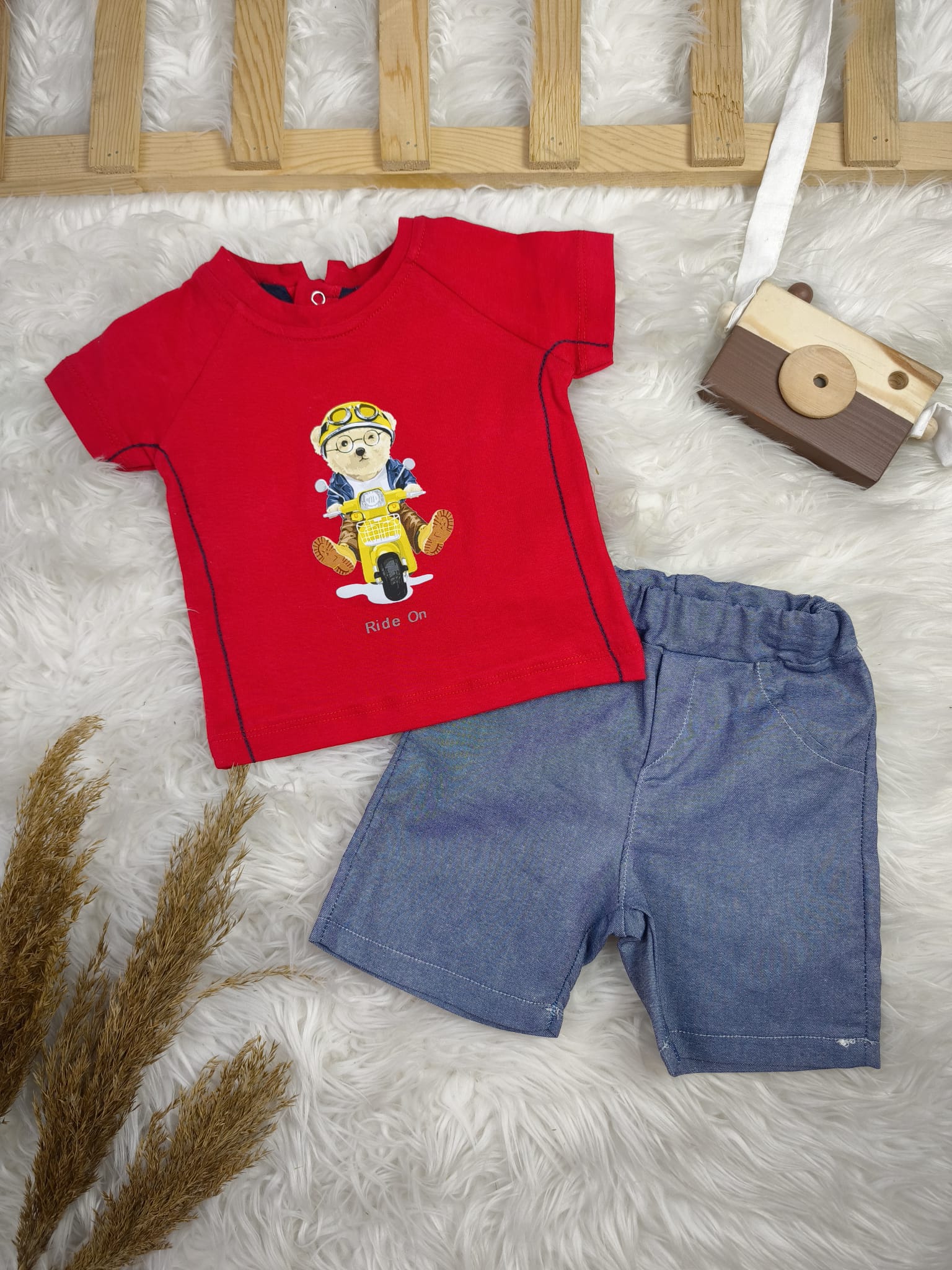 1975 Motorlu Ayıcık Kot Şortlu Takım  - 3