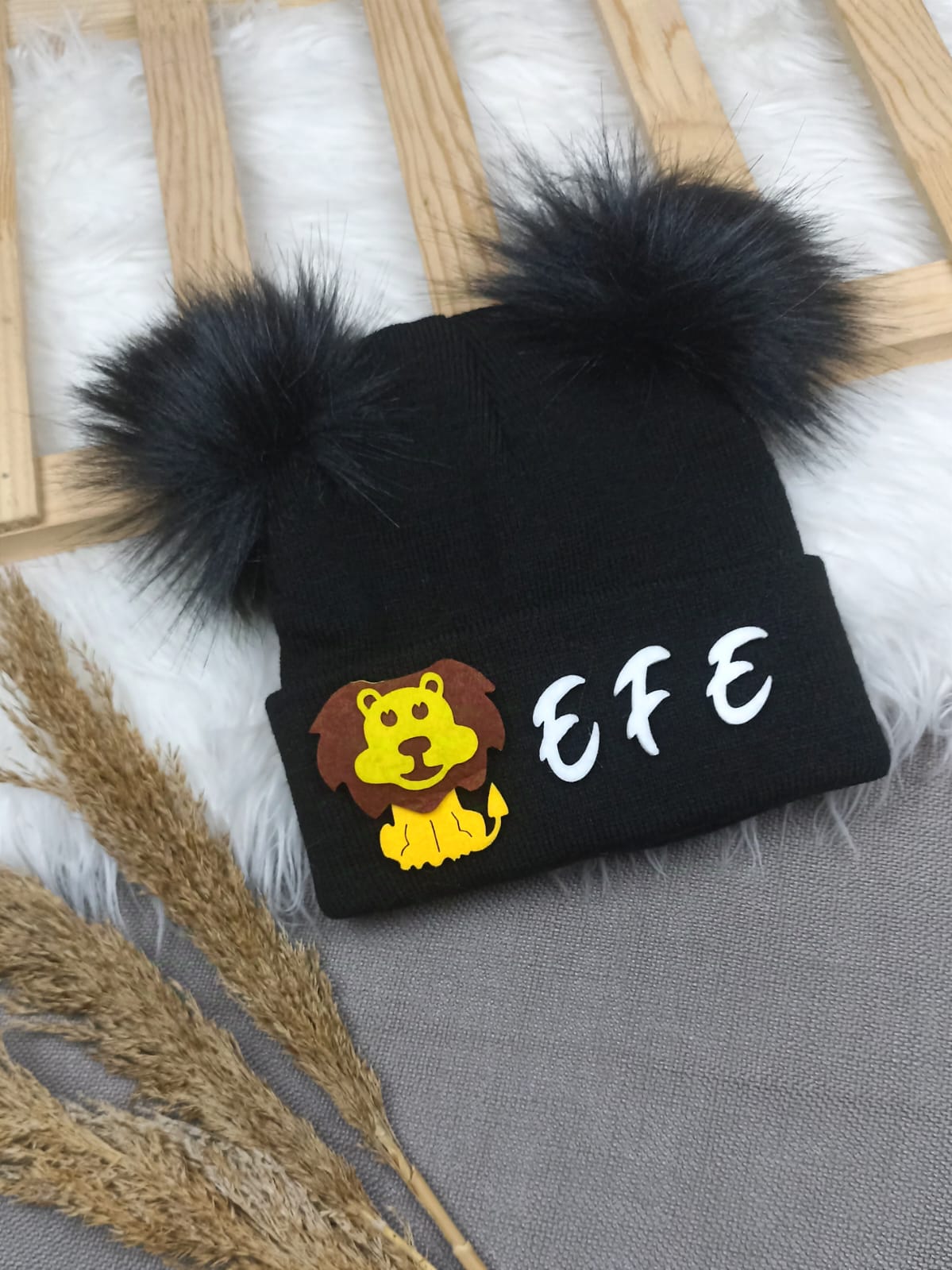 B0315 SİYAHA SİYAH  ERKEK PONPON İSME ÖZEL TRİKO BERE - 2