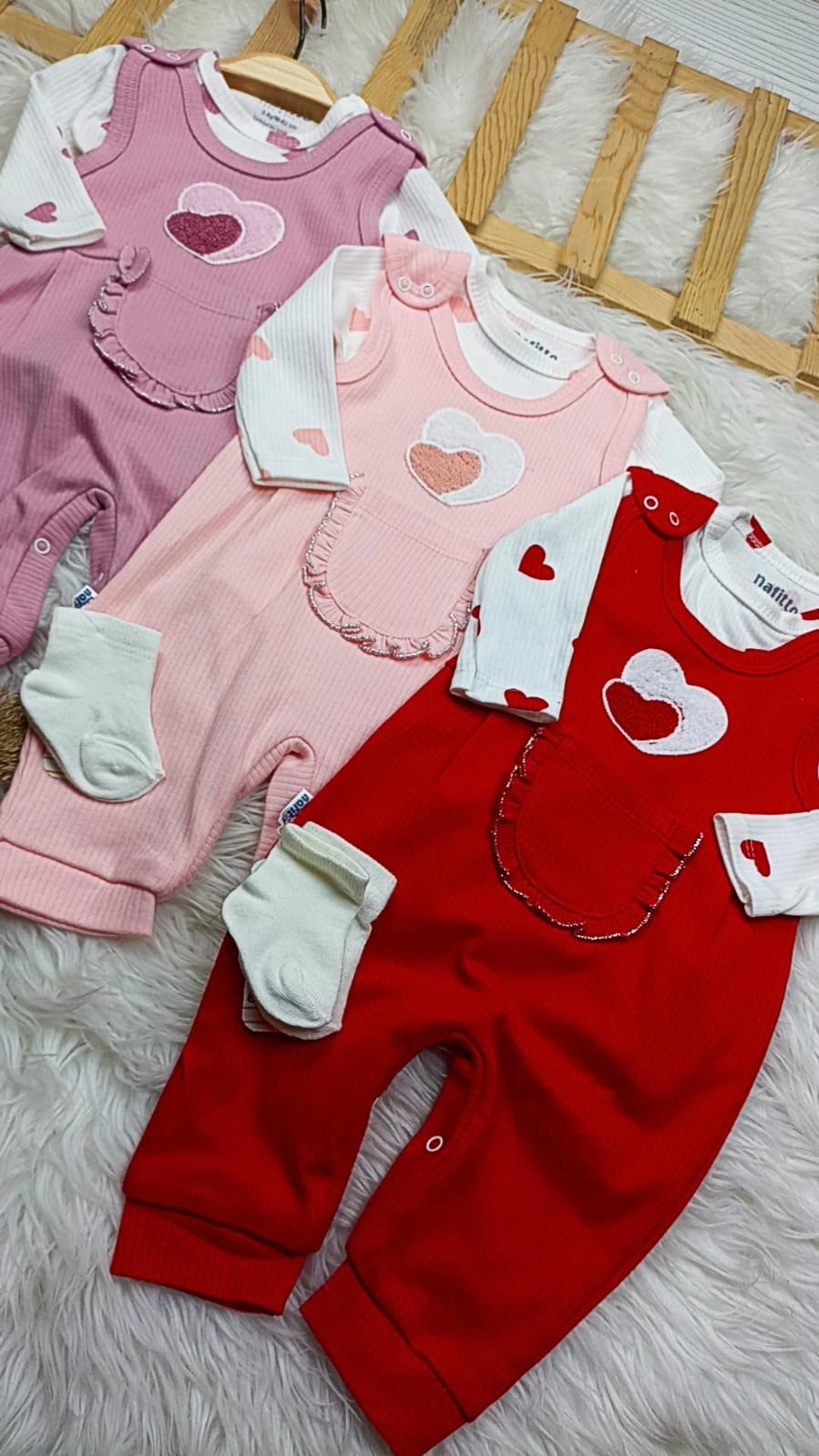 1457 KALP NAKIŞLI ÖNDEN CEPLİ SLOPET TULUM SETİ  - Kırmızı / 9-12 Ay