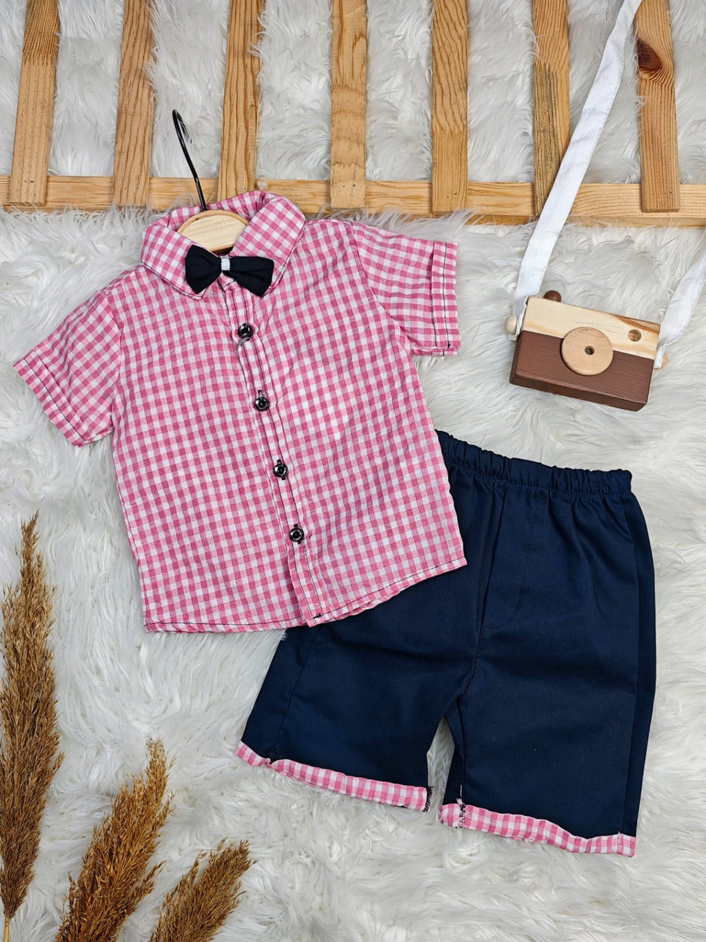 1831 PAPYONLU KARELİ GÖMLEKLİ ŞORTLU TAKIM  - Pembe / 1 Yaş