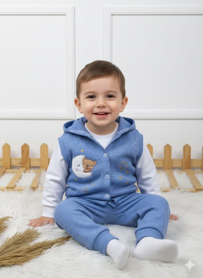 1943 RİBANA KAŞKORSE NAKIŞLI KAPŞONLU YELEKLİ TAKIM  - Mavi / 9-12 Ay