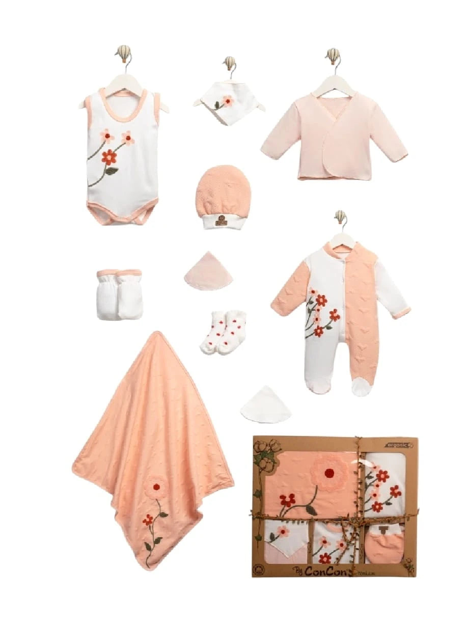 425696 ORGANİK KALPLİ ÇİÇEK BUKETİ KIZ 10'LU HASTANE ÇIKIŞI SETİ  - Somon / 0-3 Ay