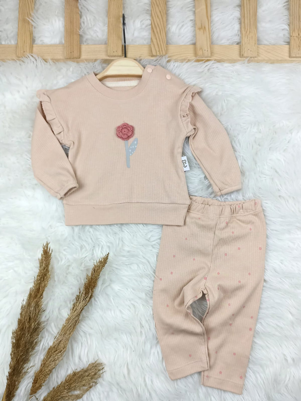 4513 ÇİÇEK NAKIŞLI OMUZ DETAYLI MEVSİMLİK TAKIM  - Yeşil / 9-12 Ay