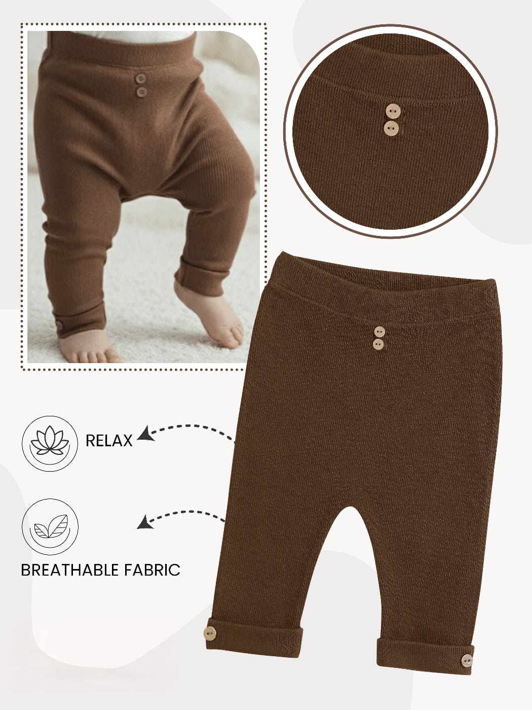 1068  AHŞAP DÜĞME DETAYLI TEK ALT   - Kahve / 6-9 Ay